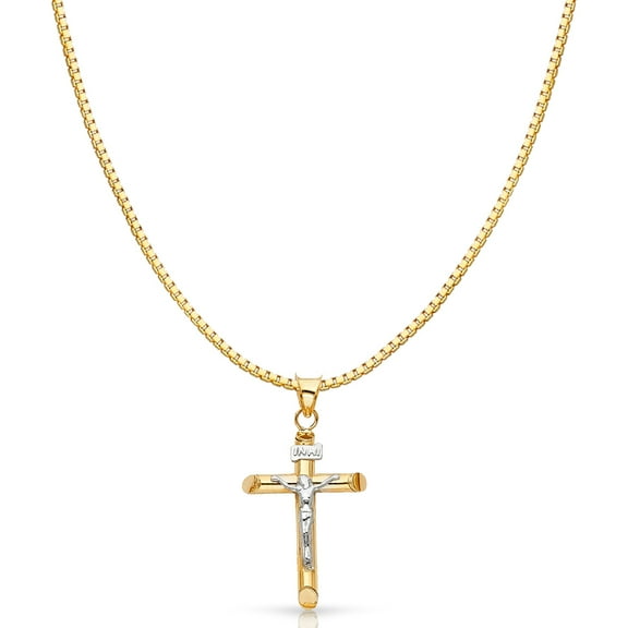 14K Two Tone Gold Crucifix Cross Religious Charm Pendant with 0.8mm Box Chain Necklace
