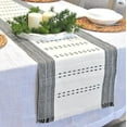 thumbnail image 4 of Striped Table Runner with Fringe Organic Cotton Woven Dash Rustic Farmhouse Cloth Dining Table Runner for Kitchen Buffet Table Boho Dresser Scarf Washable Chambray Textured Grey / off White 14"x72", 4 of 6