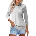 thumbnail image 2 of Women's Polo Shirts 3/4 Length Sleeve Tops Collared Button Down Golf Tee Casual Spring Summer Work T Shirts Light Gray XL, 2 of 5