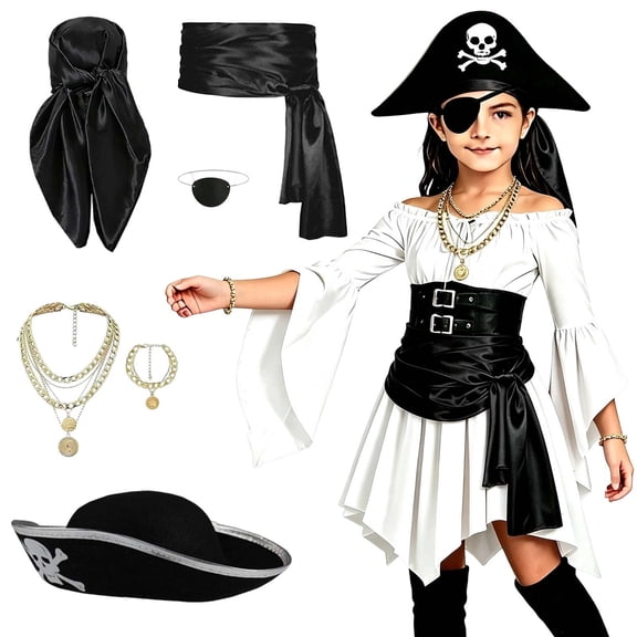 FYDUU 6 Pcs Kids Pirate Costume Accessories Set Pirate Hat, Headscarf, Eye Patch, Sash Belt, Necklace, Bracelet for Halloween Party Dress Up