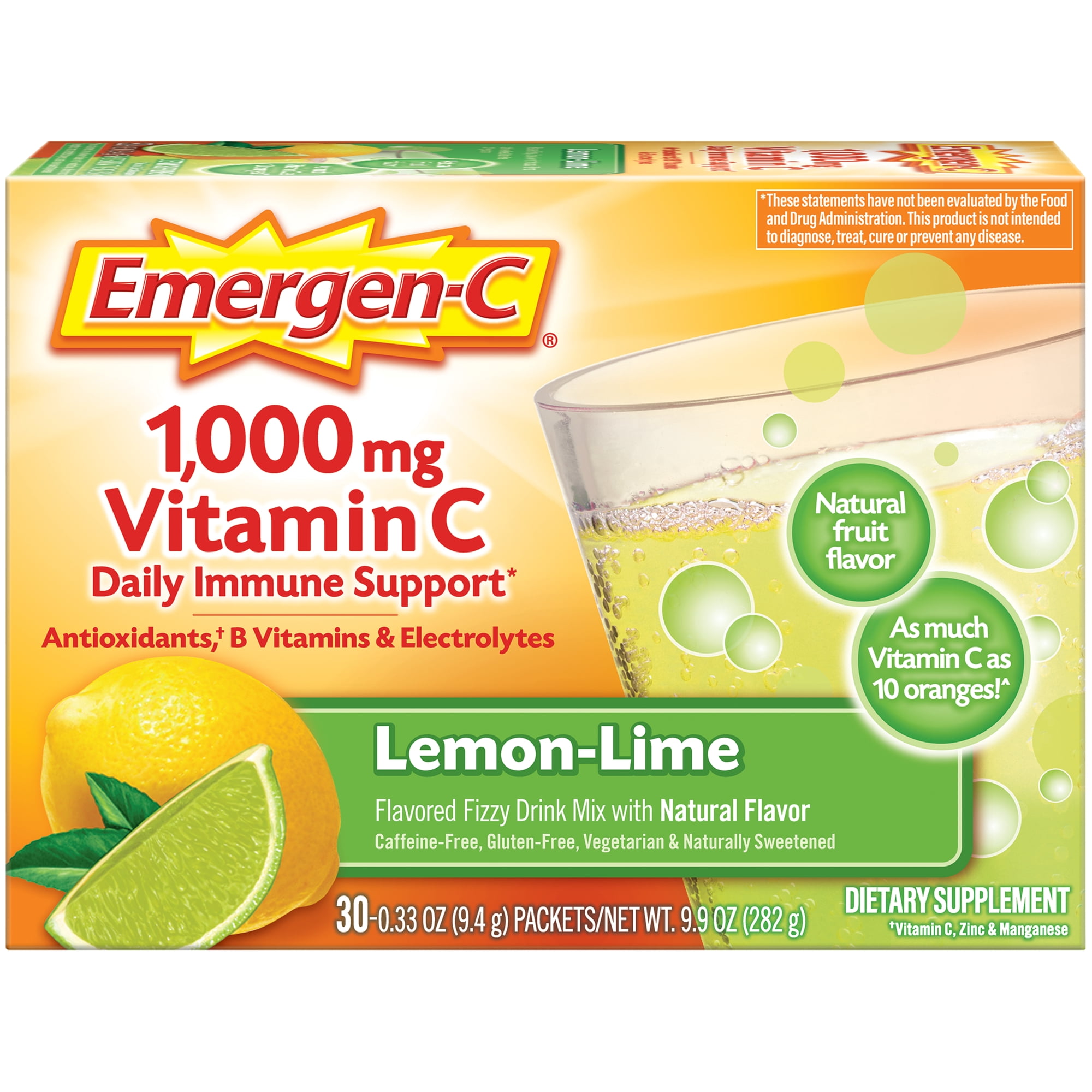 Emergen-C 1000mg Vitamin C Supplement Powder, with Antioxidants, B Vitamins and Electrolytes for Immune Support, Caffeine Free Fizzy Drink Mix, Lemon Lime Flavor - 30 Count/1 Month Supply