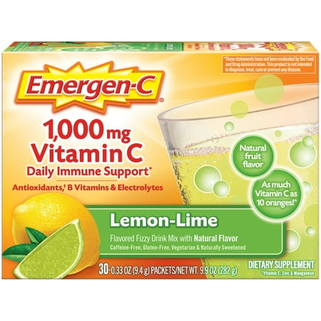 Emergen-C 1000mg Vitamin C Supplement Powder, with Antioxidants, B Vitamins and Electrolytes for Immune Support, Caffeine Free Fizzy Drink Mix, Lemon Lime Flavor - 30 Count/1 Month Supply