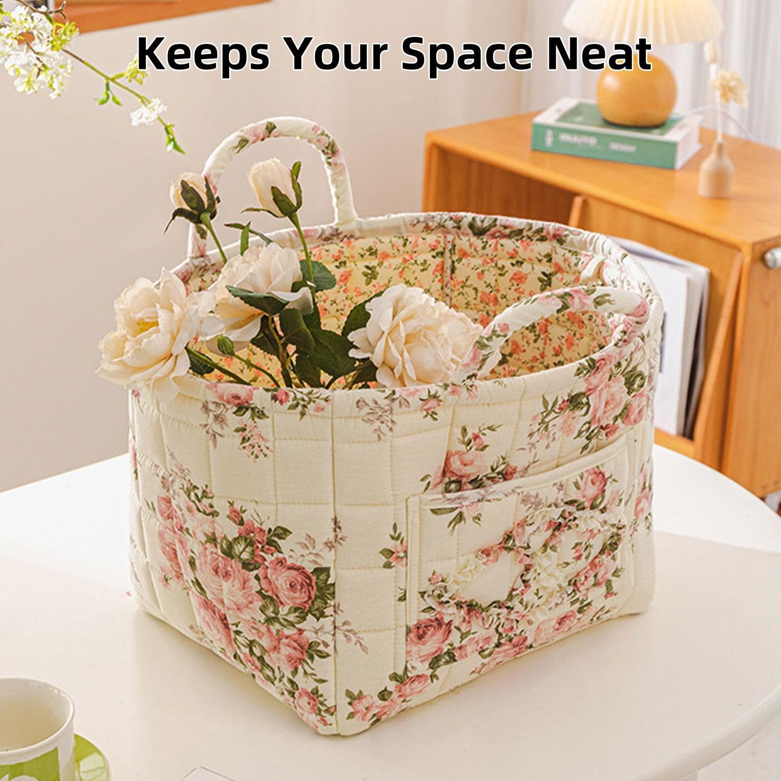 Guilted Basket - Quilted Storage Basket, Floral Foldable Storage Basket Car, Quilted Easter Basket with Easy-Carry Handles Large