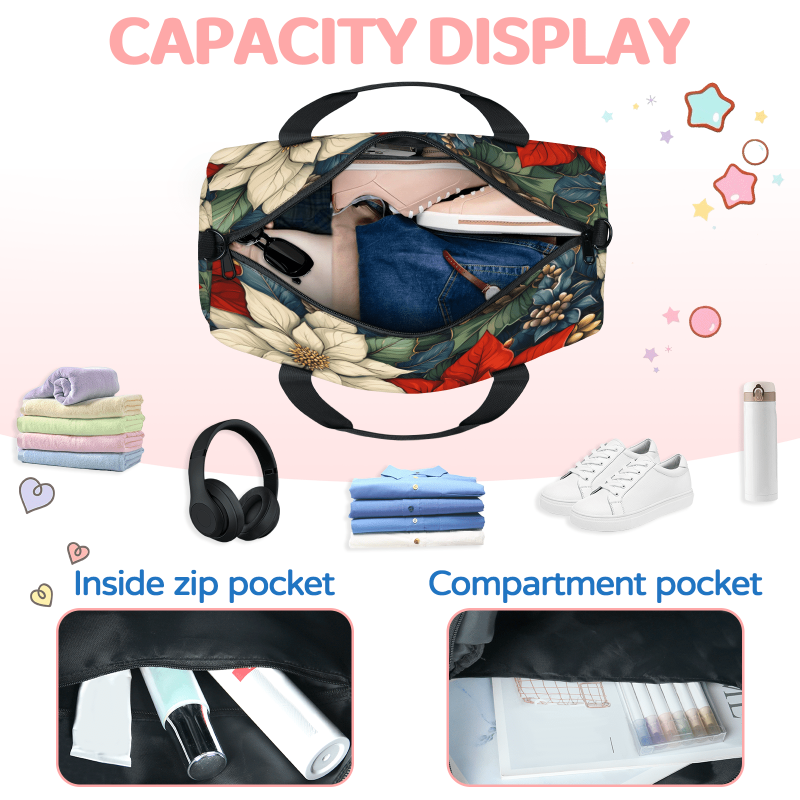 Herdesigns Christmas Flower Leaves Travel Duffle Bag Sports Yoga Weekender Overnight Carry on Workout Bags Lightweight Waterproof Gym Tote Bag for Women Poinsettia Floral