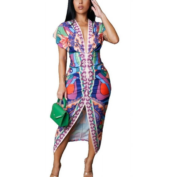 Non-Branded Women's Deep V-Neck Midi Dress, Multi