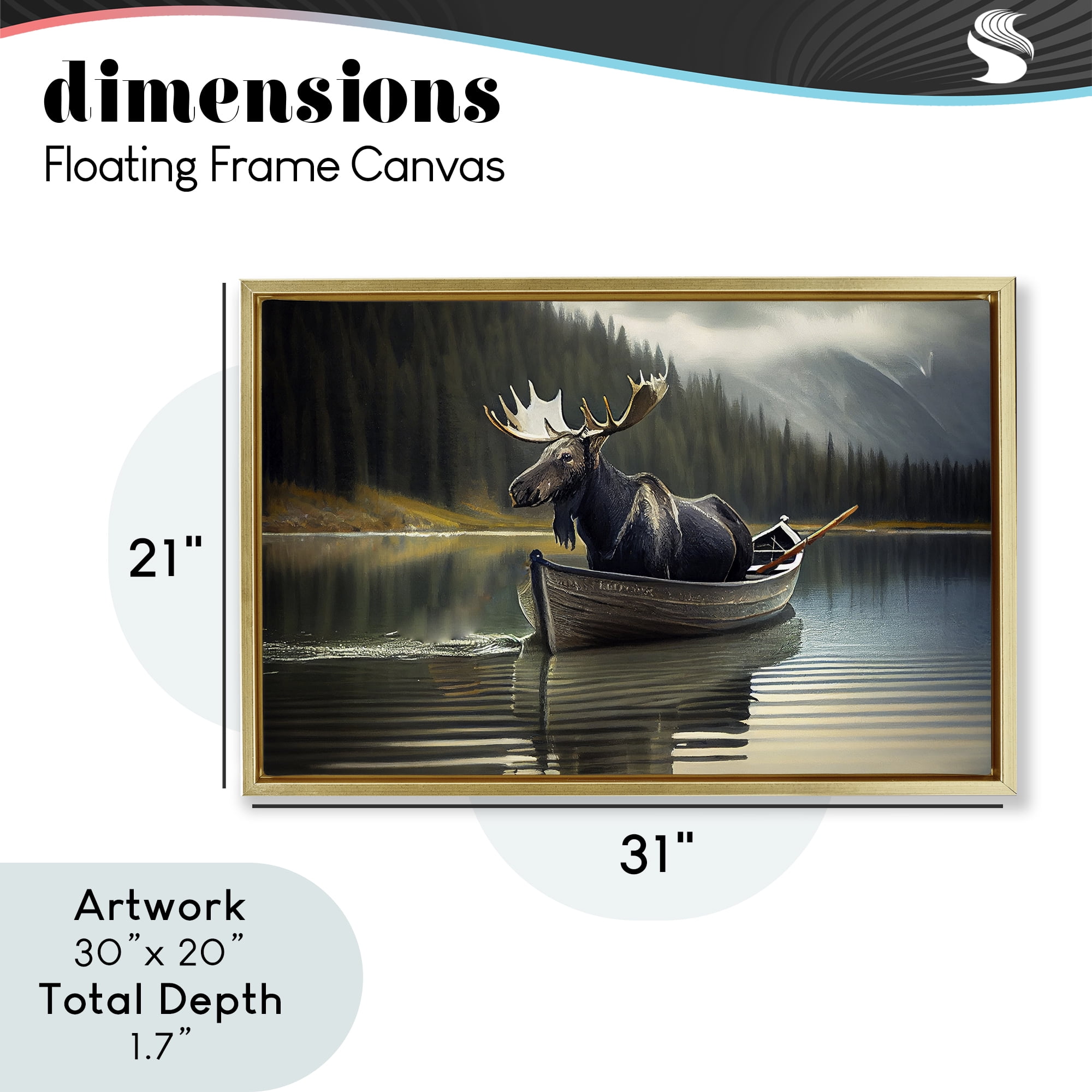 Moose in Canoe Tranquility Gold Framed Floater Canvas Wall Art, design by Sasha