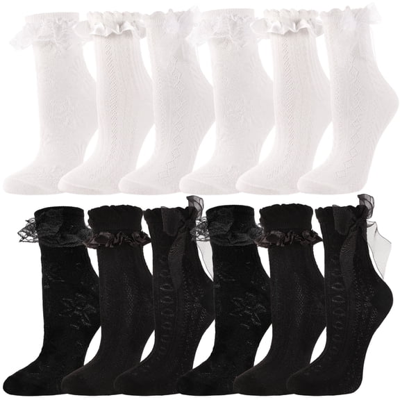 Bocaoying 12 Pairs Womens Ruffle Socks, Cute Lace Socks with Bowties, Comfortable Frilly Socks, Lettuce Socks, Princess Style Dress Crew Socks Lolita Gift for Ladies Girls, White and Black
