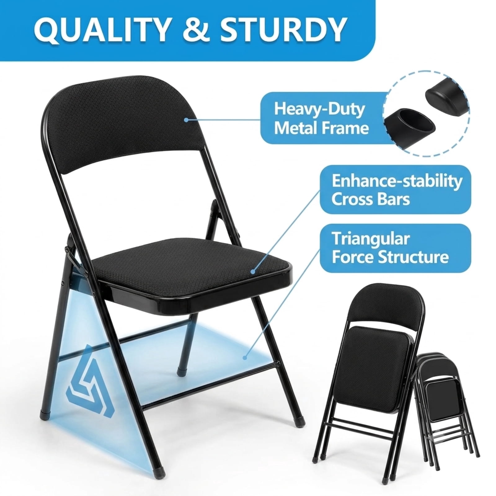 Fenbeli Fabric Padded Folding Chairs Set of 6, Black Portable Foldable Dining Chairs with Steel Frame, Space-Saving Seating for Home Office Events
