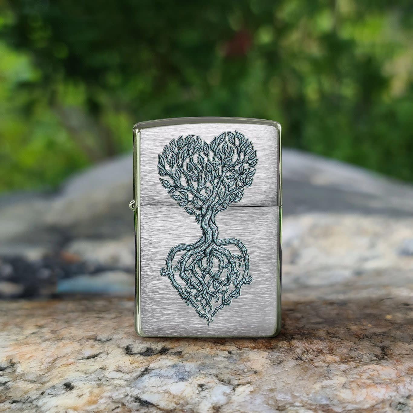 Zippo Lighter - Customize Message on Rooted in Love Brushed Chrome Pocket 46232
