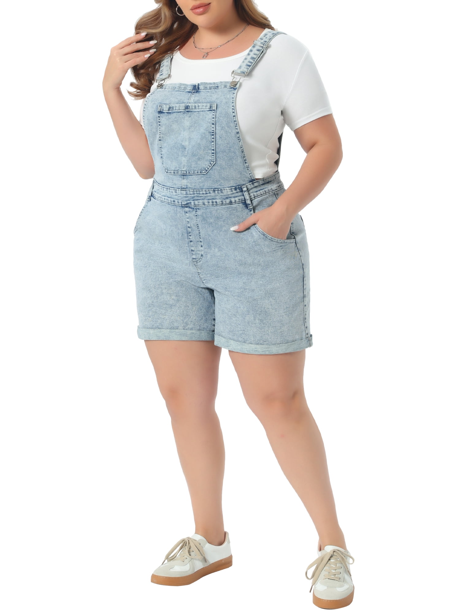 DARING DIVA Women's Plus Size Jumpsuit Roll Hem Pocket Denim Overalls 3X Light Blue