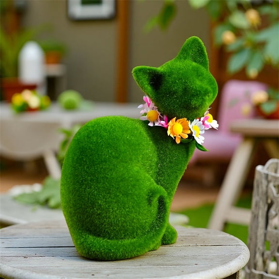 Easter Moss Cat Decoration, Flocked Cat with Daisy Flower, Spring Decor Easter Decorations for Home Table Shelf, Easter Party Favors Standing Ornament