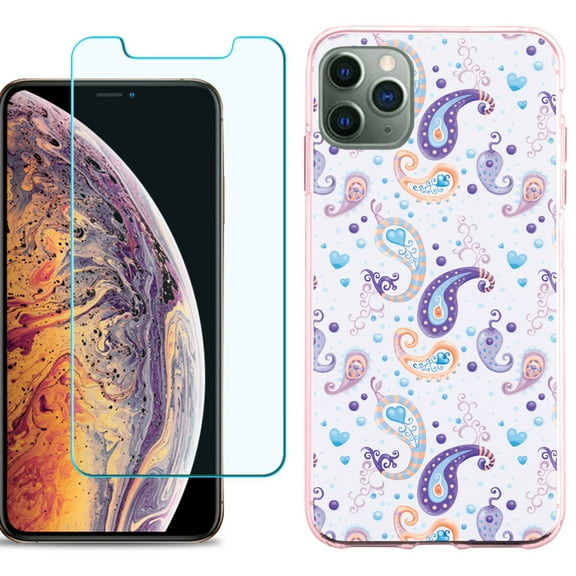 For Apple iPhone 11 Pro Max Case , Slim-Fit TPU Protective Phone Case (Pink Bezel) with Tempered Glass Screen Protector, by OneToughShield ® - Paisley Purple