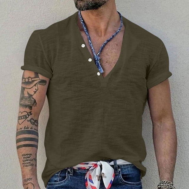 Chemises pour Hommes, Chemise de Sport à Manches Courtes, Col Rond, Boutons, Couleur Unie