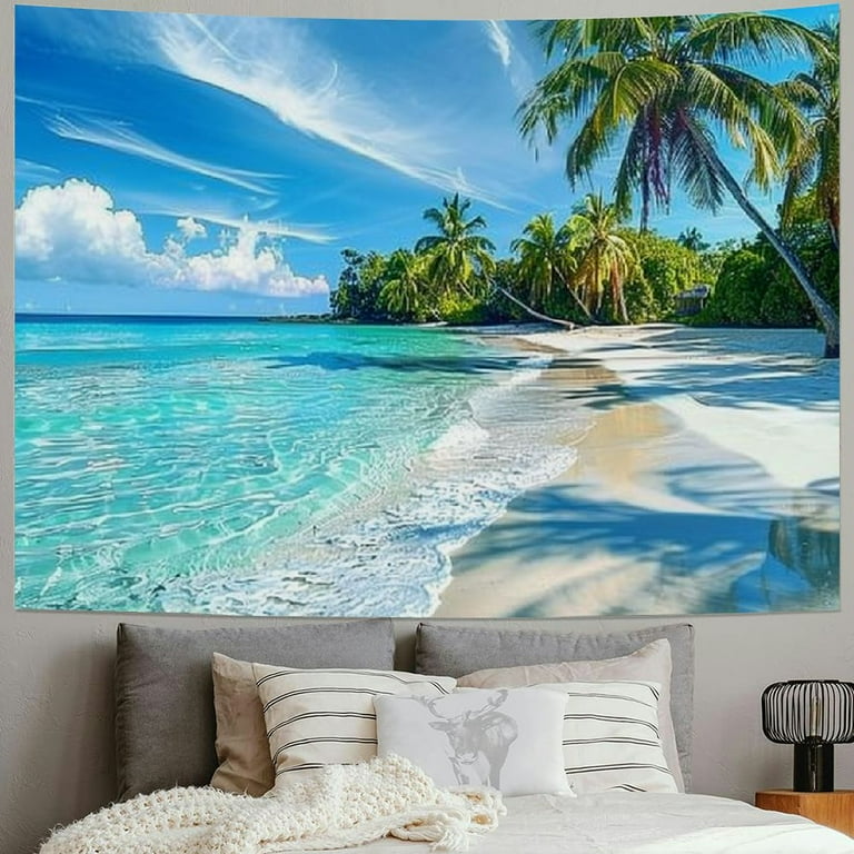 BCIIG Ocean Beach Tapestry Tropical Palm Trees Seaside Island Blue Sky Sunshine Nature Summer Hawaiian Scene Wall Hanging Art Home Decor for Living Room Bedroom Dorm Walmart