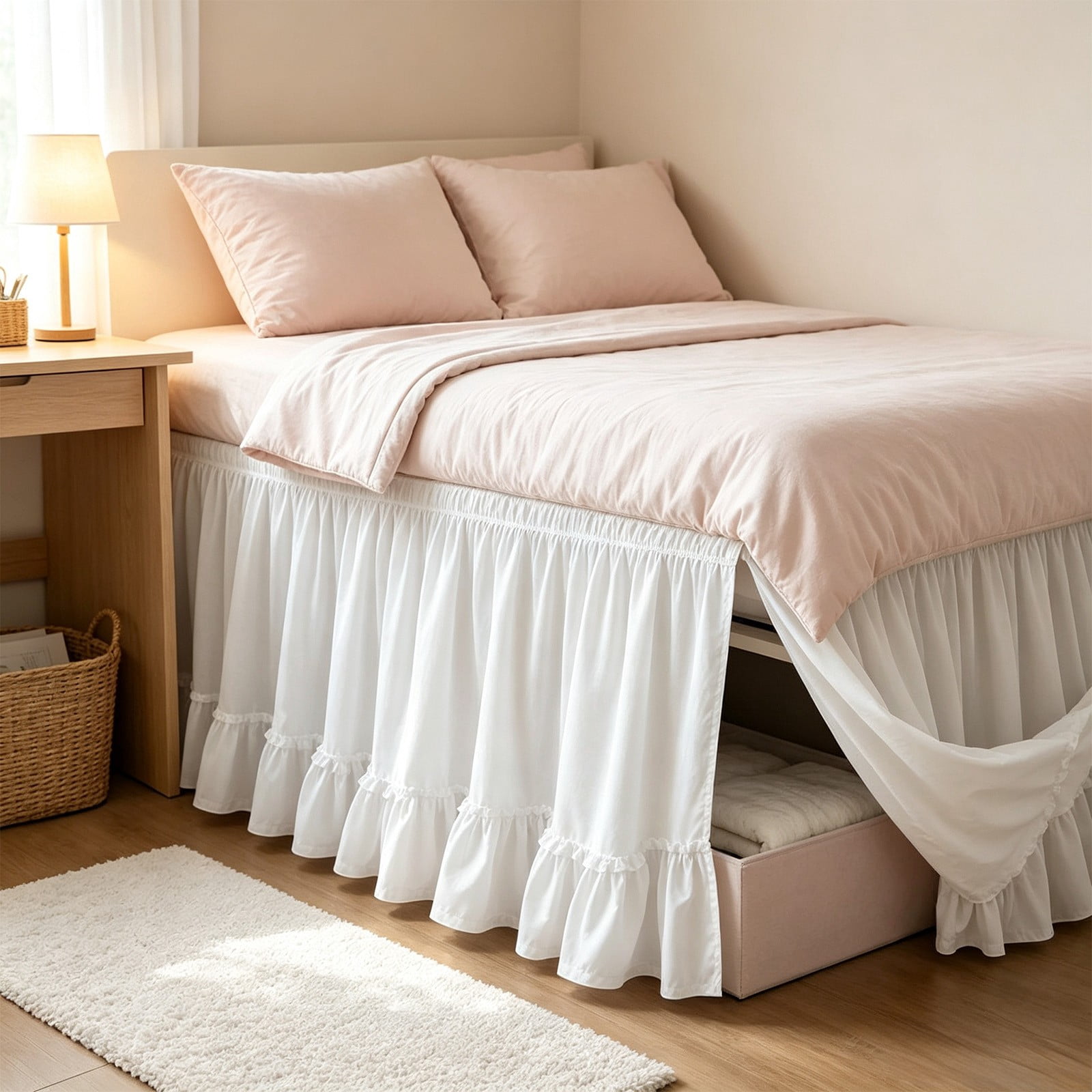 Dorm Bed Skirt Twin XL 80×39 Inch, 25 Inch Drop, Elastic Wrap Around, Polyester White Bedskirt for College Dorms, Apartments, Guest Rooms