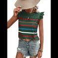 thumbnail image 1 of Camiseta de Verano con Cuello Redondo, Estampado de Rayas y Volantes de Encaje y Mangas para Mujer Verde Oscuro XL, 1 of 7