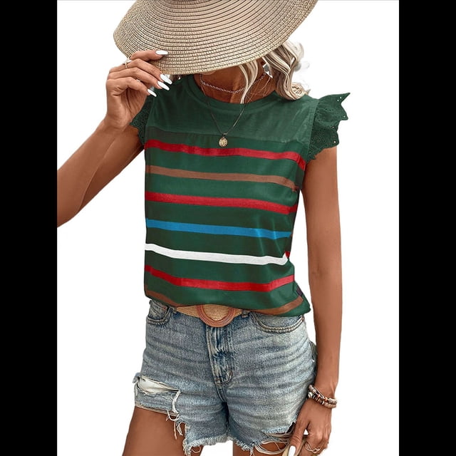 Camiseta de Verano con Cuello Redondo, Estampado de Rayas y Volantes de Encaje y Mangas para Mujer Verde Oscuro XL