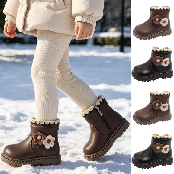 Spazoro Toddler Girls Ankle Boots with Floral Applique, Warm Winter Non-slip Zip-up Cute Short Booties for Outdoor Daily Wear Brown