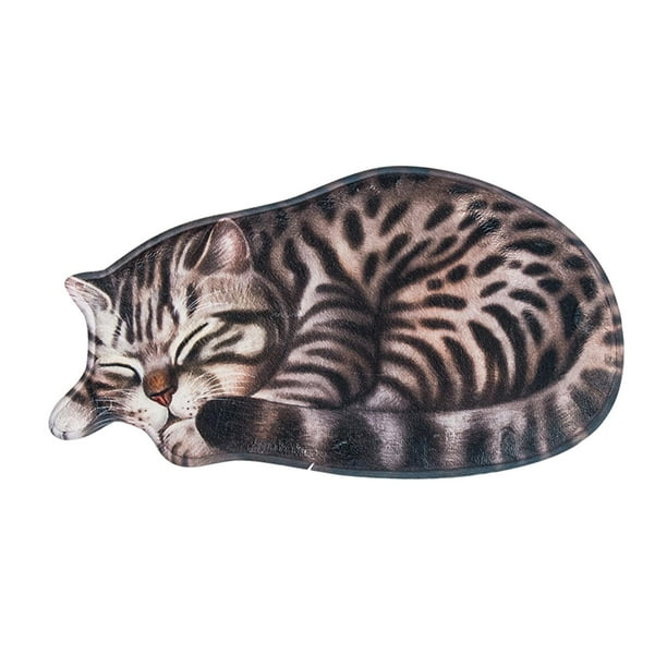 Bonita alfombra de baño con forma de gato durmiendo, felpudo interior de entrada. Rayas