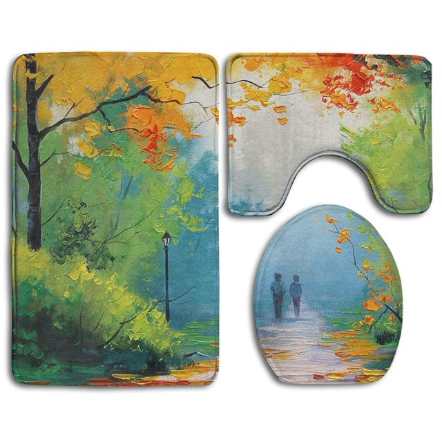 ABPHQTO Paseo de otoño Juego de alfombras de baño de 3 piezas Alfombra de baño Alfombra de contorno y tapa de inodoro