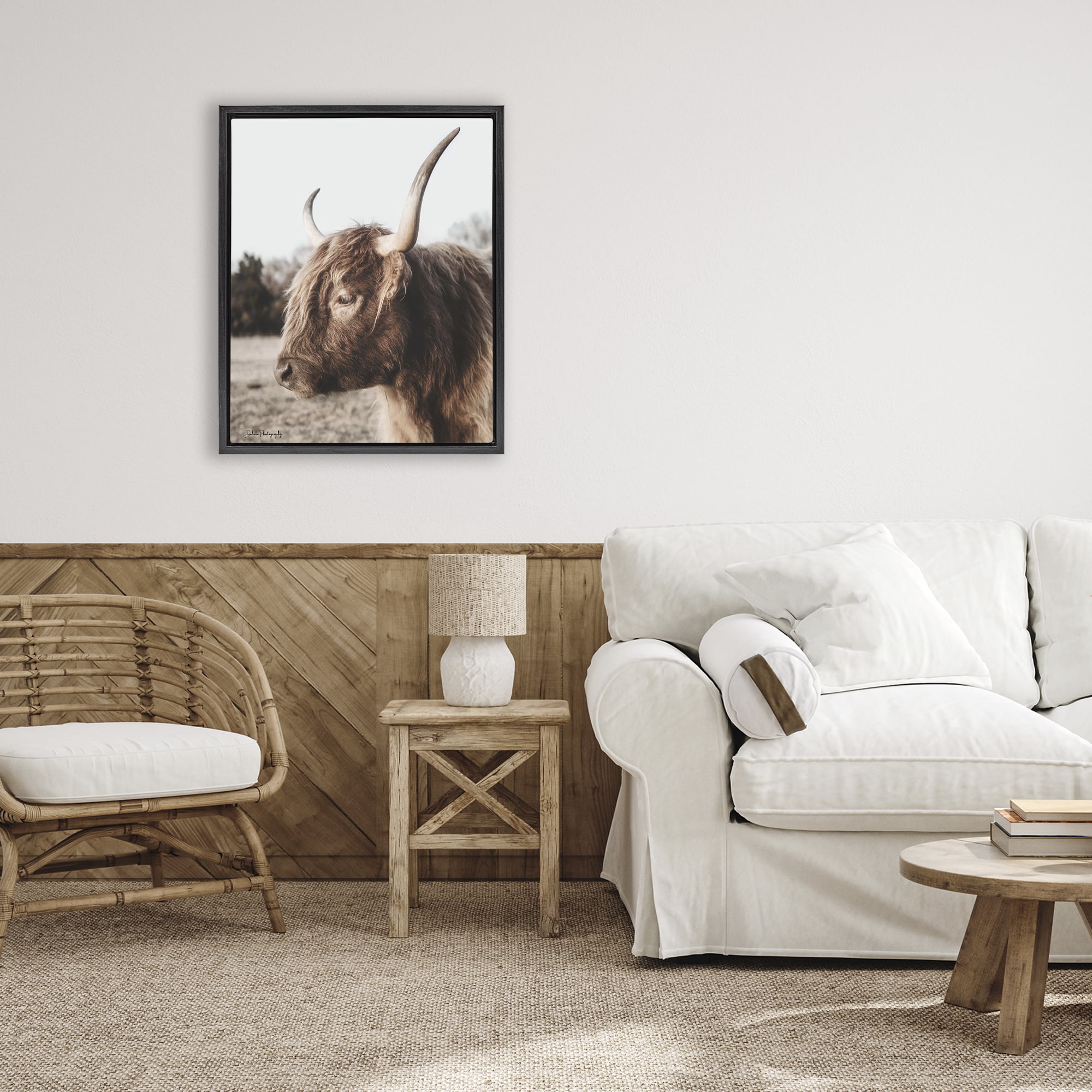 Stupell Industries Horned Cattle Peering Black Framed Floater Canvas Wall Art, design by Dakota Diener