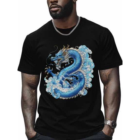 Blue Chinese Dragon Men's T Shirts Blue Dragon T-Shirt for Men Crew Neck Tees Cotton Tops, Black, S