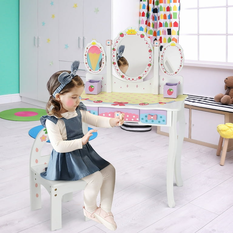 Kids Vanity Princess Makeup Dressing Table Chair Set with Tri-fold Mirror -  Costway