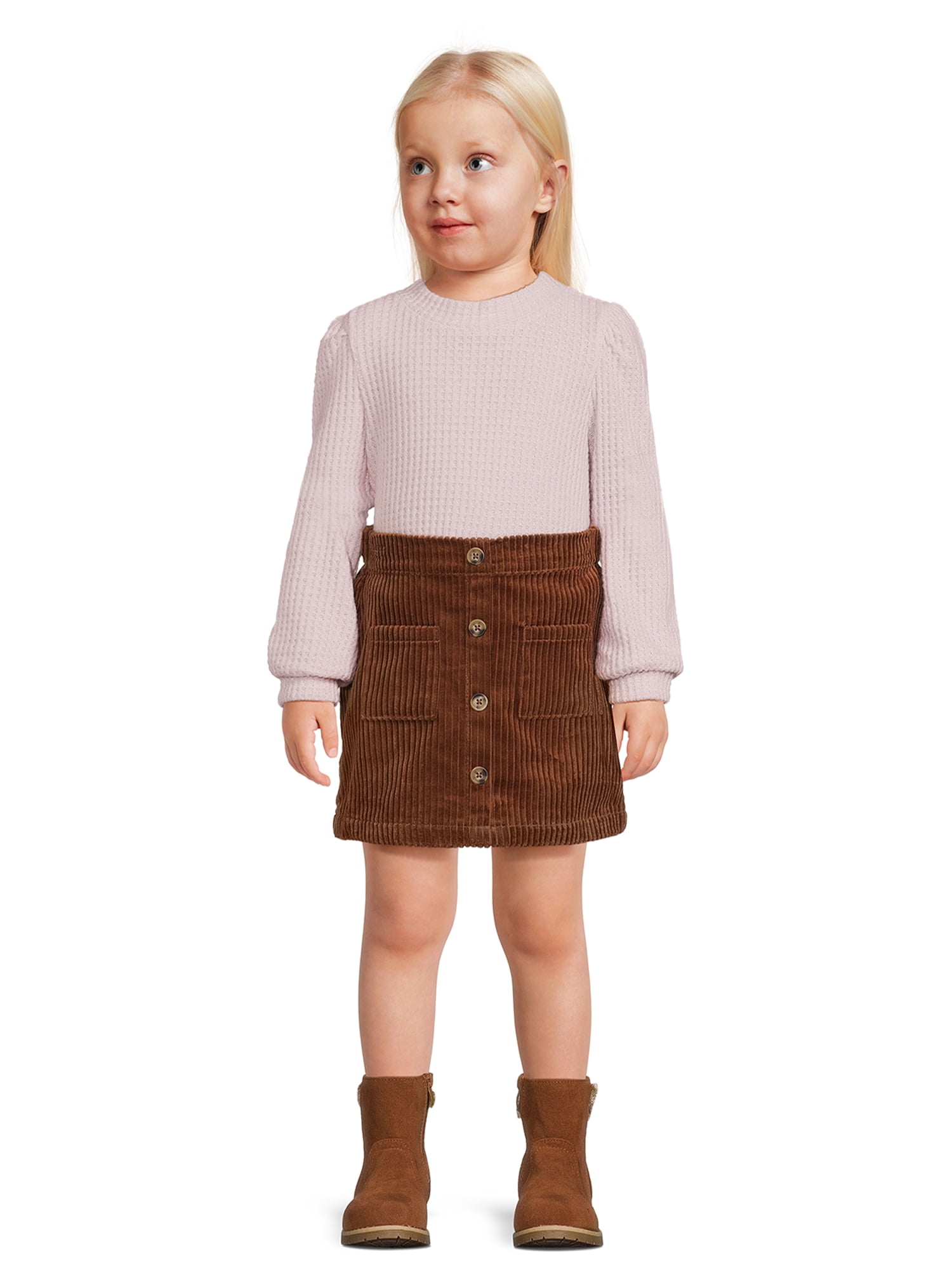 Wonder Nation Toddler Girl Waffle Knit Top and Corduroy Skirt Set, 2-Piece, Sizes 12M-5T