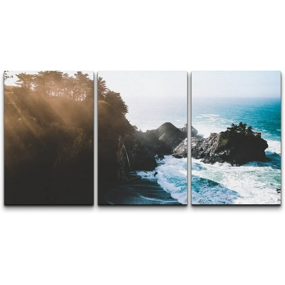 wall26 - 3 Piece Canvas Wall Art - Seashore with Huge Waves in The Morning - Modern Home Art Stretched and Framed Ready to Hang - 24"x36"x3 Panels