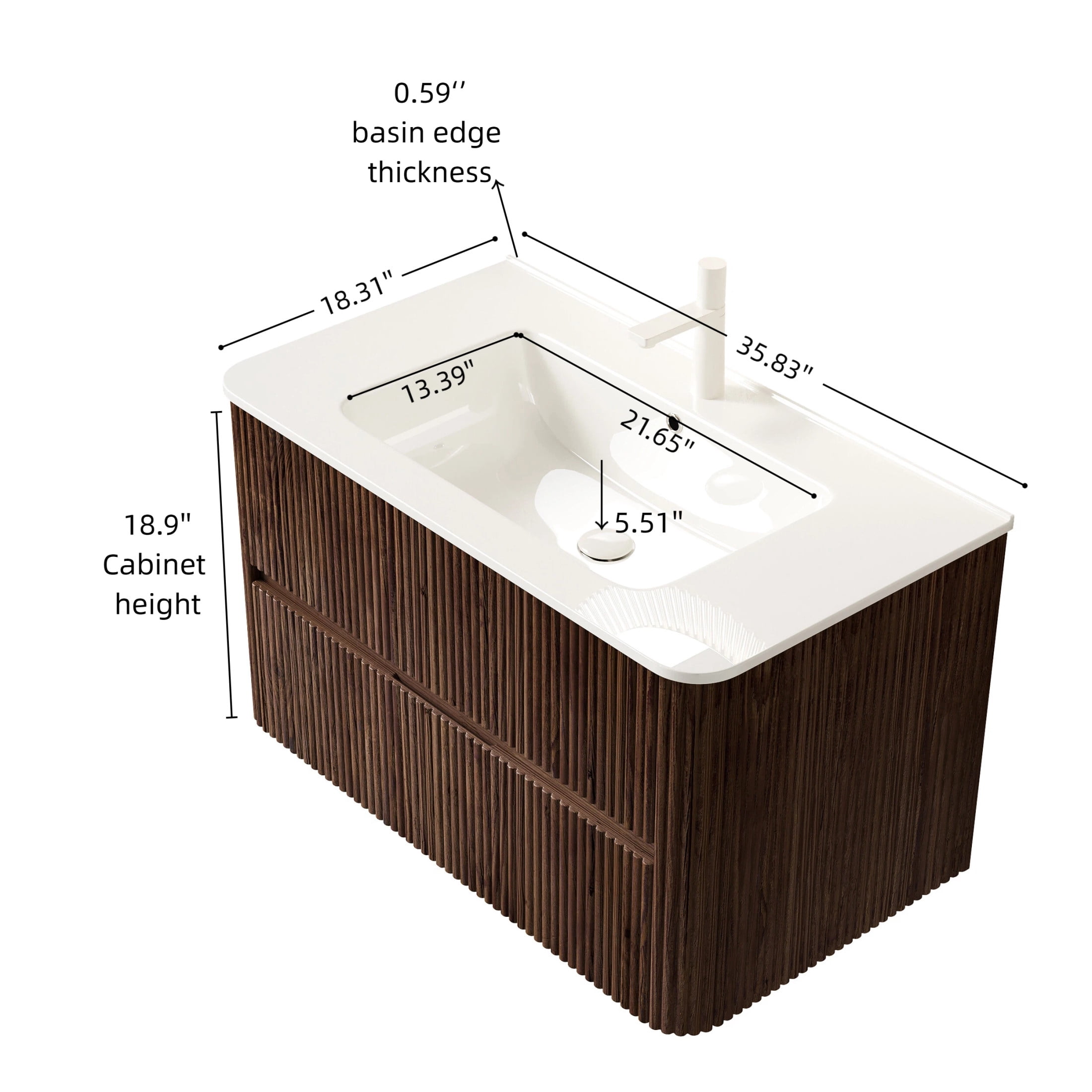 Noble House Noor 36" Floating Bathroom Vanity with Seamless Ceramic Basin, Retro Soft-Close Drawers, Walnut