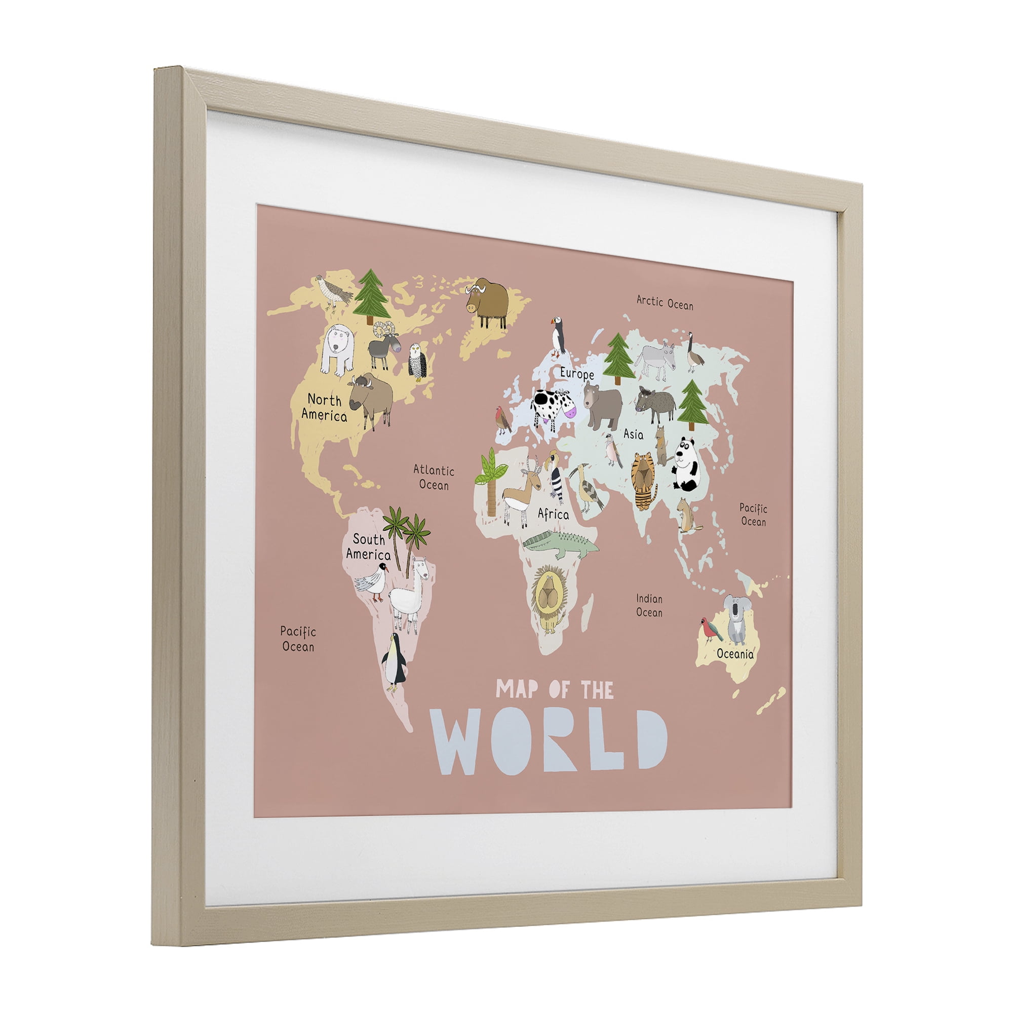 Kid's Map Of World Pink Birch Framed Print Under Glass, design by Carla Daly