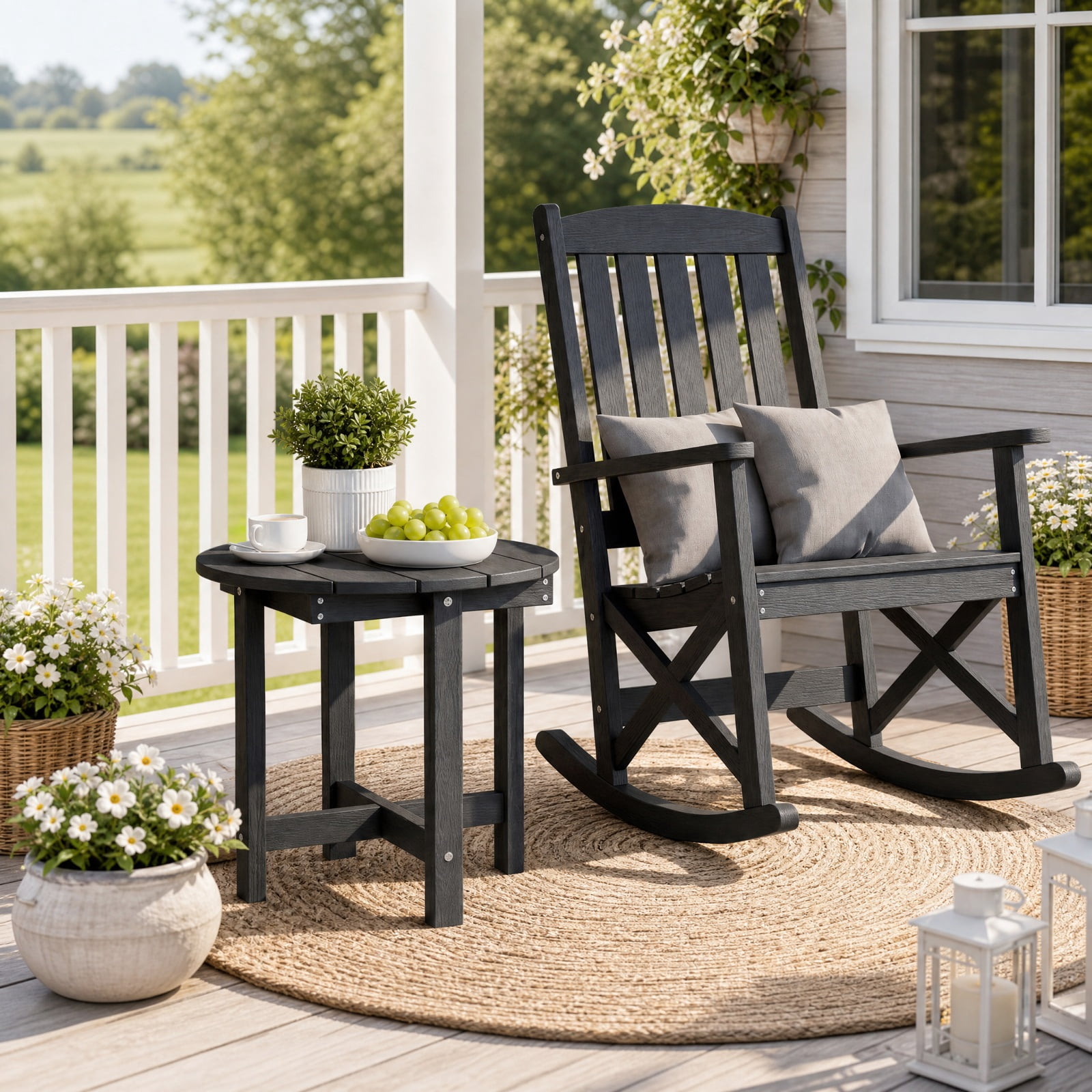 Biotree 18 Inch Adirondack Side Table Outdoor, Weatherproof HIPS Slatted End Table with X-Base and 66 lbs Capacity for Deck Backyard Poolside, Black