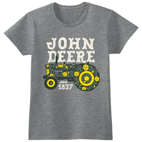 John Deere Adult Womens Western Floral Flower Tractor Short Sleeve Tee T-Shirt LP87658 - Charcoal Heather - Small
