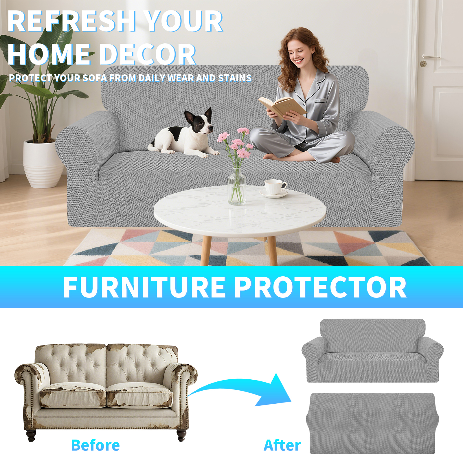Debonair Stretch Jacquard Couch Cover with 1 Pillowcase, 1-Piece Soft Sofa Cover, Sofa Slipcover with Anti-Slip Foams, Washable Furniture Protector for Pets (Loveseat, Light Gray)
