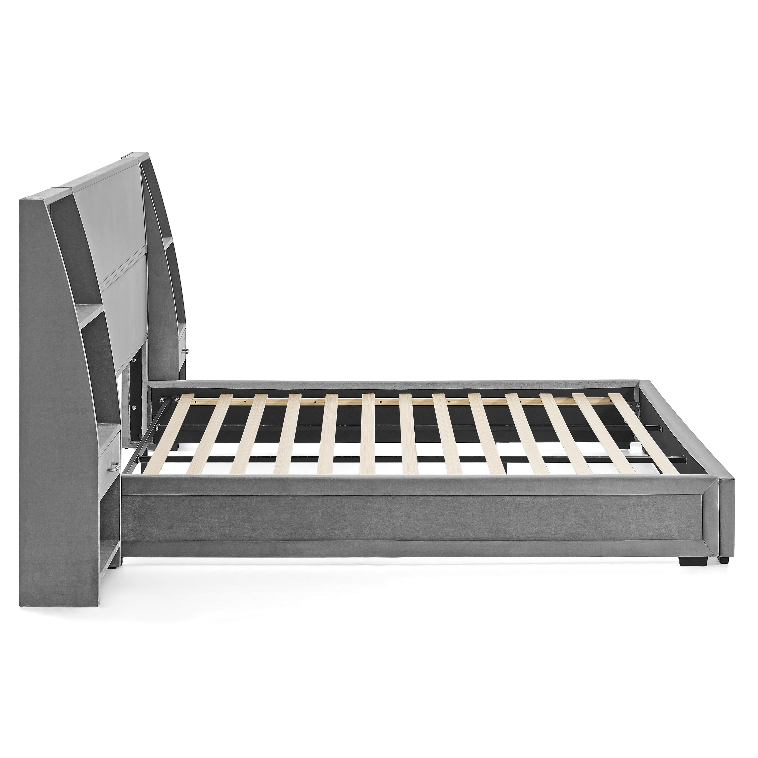 Howcool King Size Upholstered Platform Bed Frame with Storage Drawers,Glossy Velvet Headboard and Side Bookcases,Gray