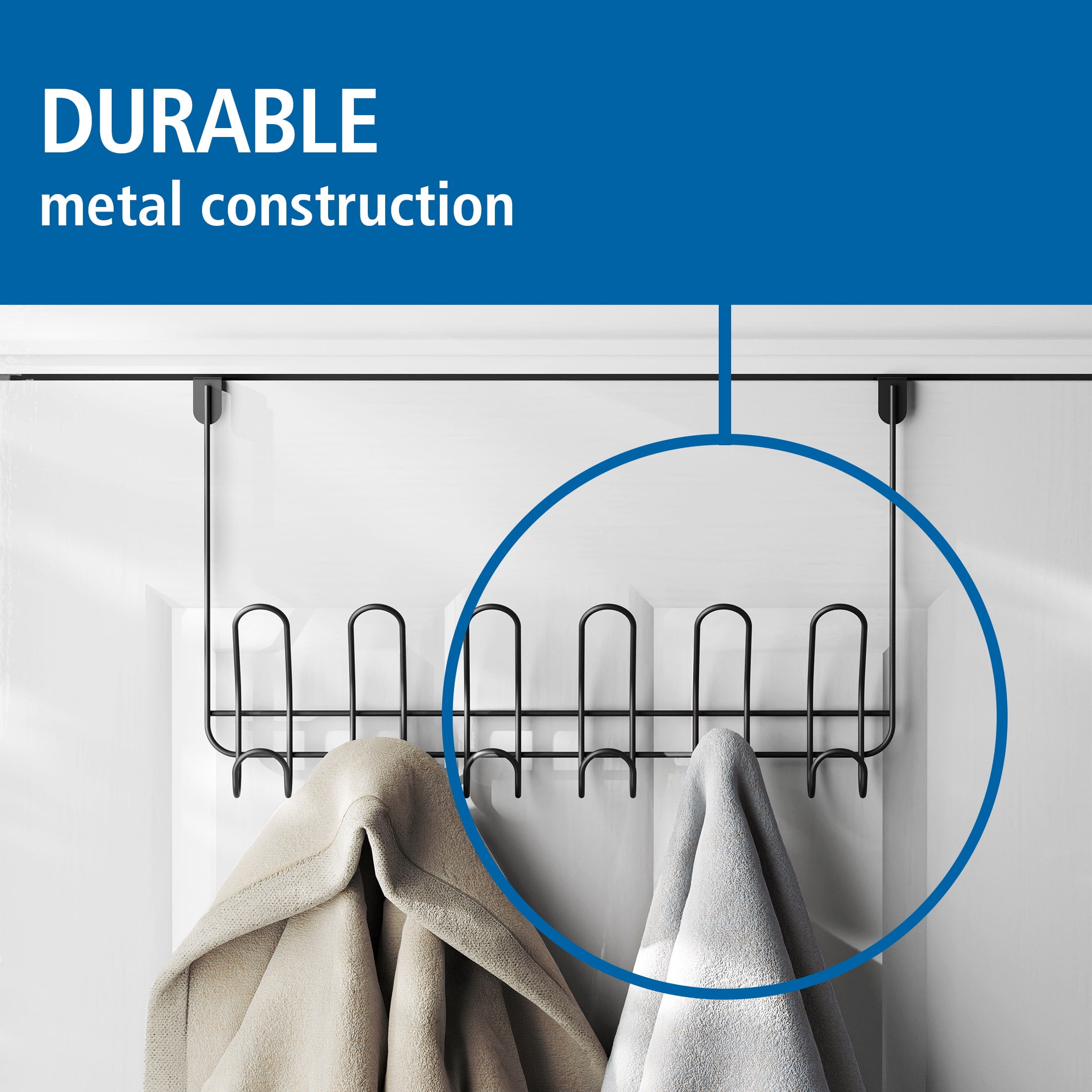 Mainstays Over-the-Door 6-Hook Rack, Hanging Storage for Towels, Robes, No Drilling, Matte Black
