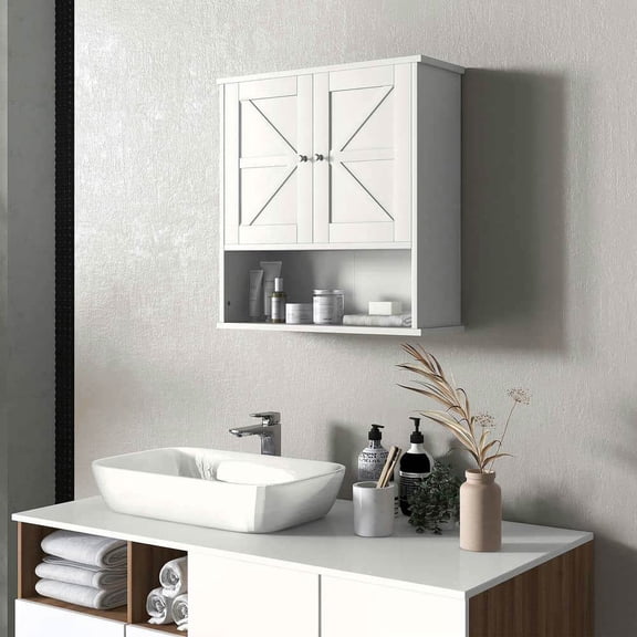 Spaco Farmhouse Medicine Cabinet, Bathroom Cabinet with Barn Doors and Adjustable Shelf, Wall Cabinet for Indoor as Living Room, Bedroom, Bathroom, Entryway, White