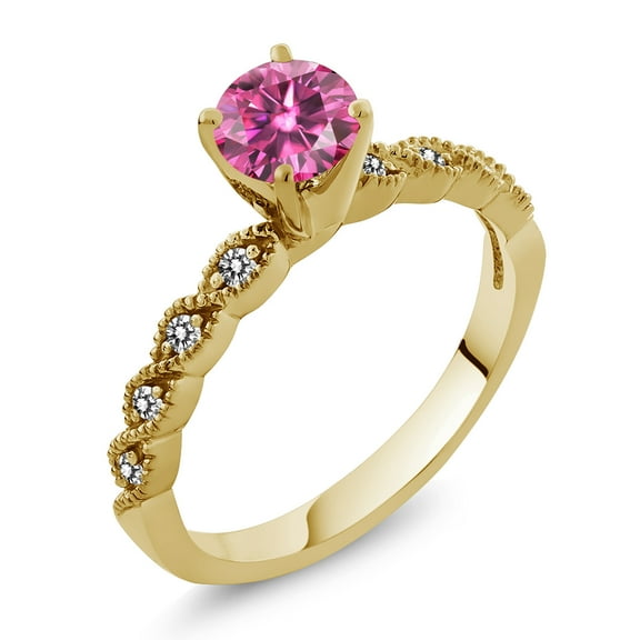 Gem Stone King 18K Yellow Gold Plated Silver Ring Round Pink Moissanite and Diamond White (0.94 Cttw, Size 6)