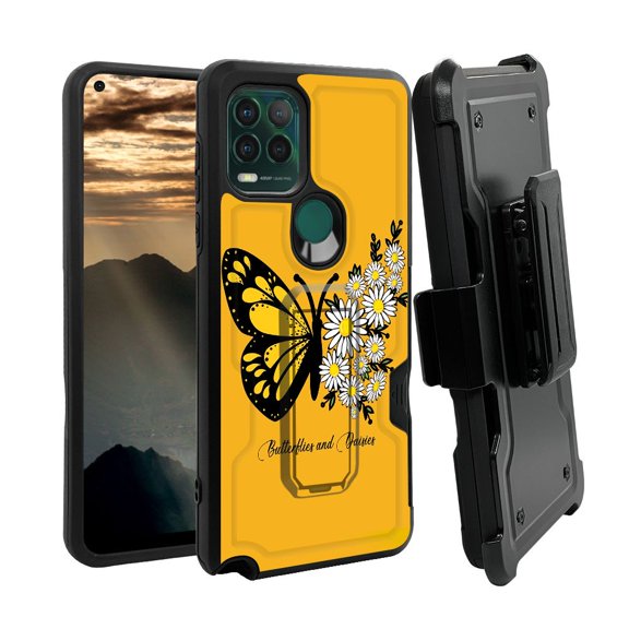 ANJ  Rugged Shockproof Holster Case w/Card Slot, Kickstand   Tempered Glass for Motorola Moto G Stylus 5G - Daisy Butterfly