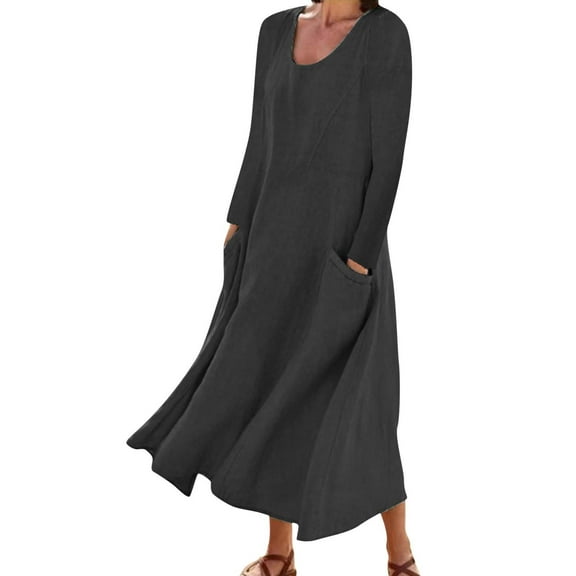 Wuxian Women'S Dresses Long Sleeve Round Neck Maxi Dresses With Pockets Flowy Swing Fall Winter Long Sundress,Black,L