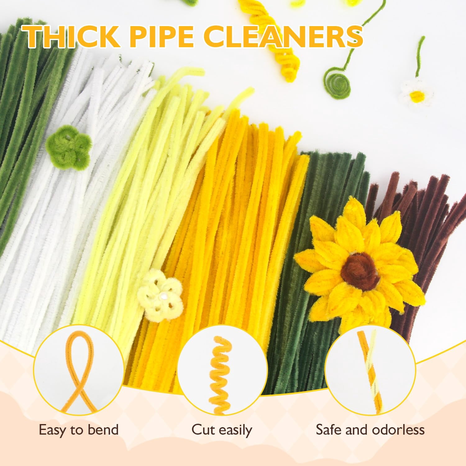 MQUPIN 450 Pcs Pipe Cleaners,12Inch 6 Colors Pipe Cleaners for Crafts DIY Flowers Kits Tulip Lily Rose Sunflower Thick Fluffy Pipe Cleaners Craft Supplies Adult Handmade Art Craft Decoration (Yellow)