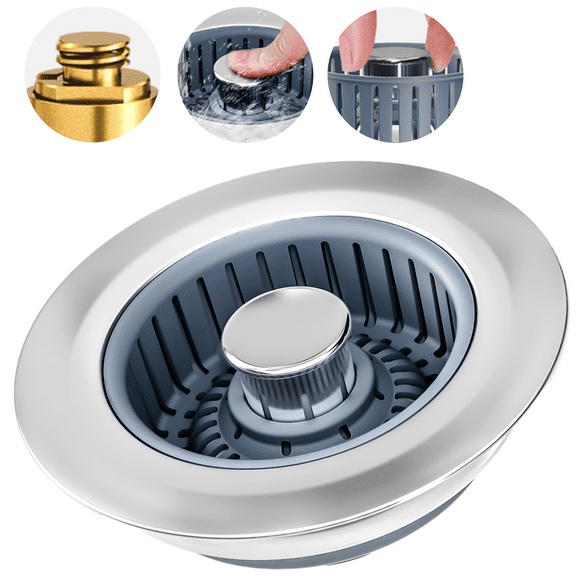 Upgraded 3in1 Kitchen Sink Drain Strainer & Sink Stopper, Stainless Steel Kitchen Drain Plug ， Cover with Anti-Clogging Basket Strainer, Fit US Standard 3-1/2'' Sink Drain Hole, Silver