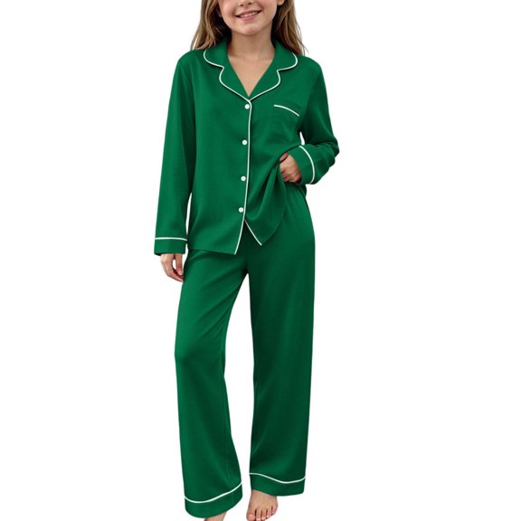 BXJX Girls Outfit Sets Size 10-12, 2 Piece Soft Long Sleeve Button‑Front Fall Winter Loungewear Sets Green