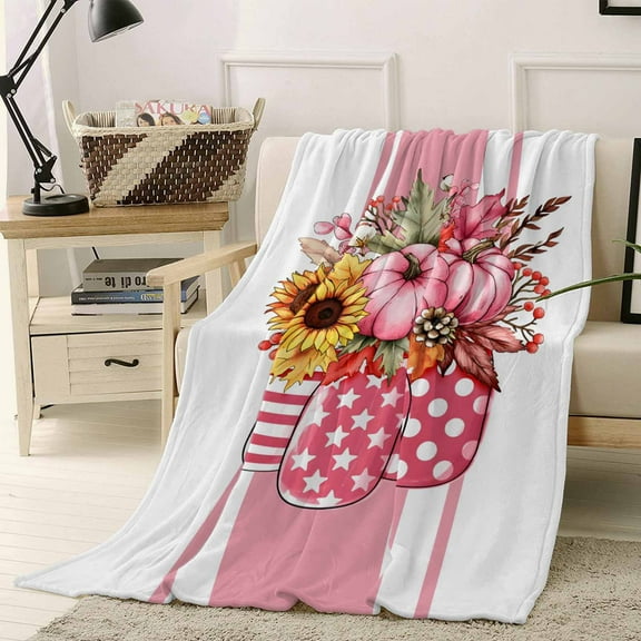 Thanksgiving Throw Flannel Blanket 40x50In Leaf Pumpkin Sunflower Bottle Pink Fall Super Soft Cozy Bed Blanket, Lightweight Plush Fuzzy Bed Throw for Bedroom Sofa Couch Living Room