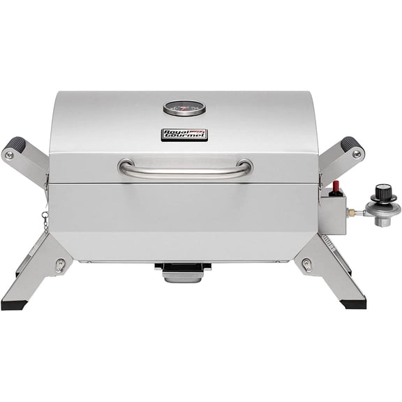 Stainless Steel Portable Grill with Two Handles and Travel Locks, Tabletop Propane Gas Grill with Folding Legs, 10000 BTU, for Picnic Cookout, GT2001, Silver
