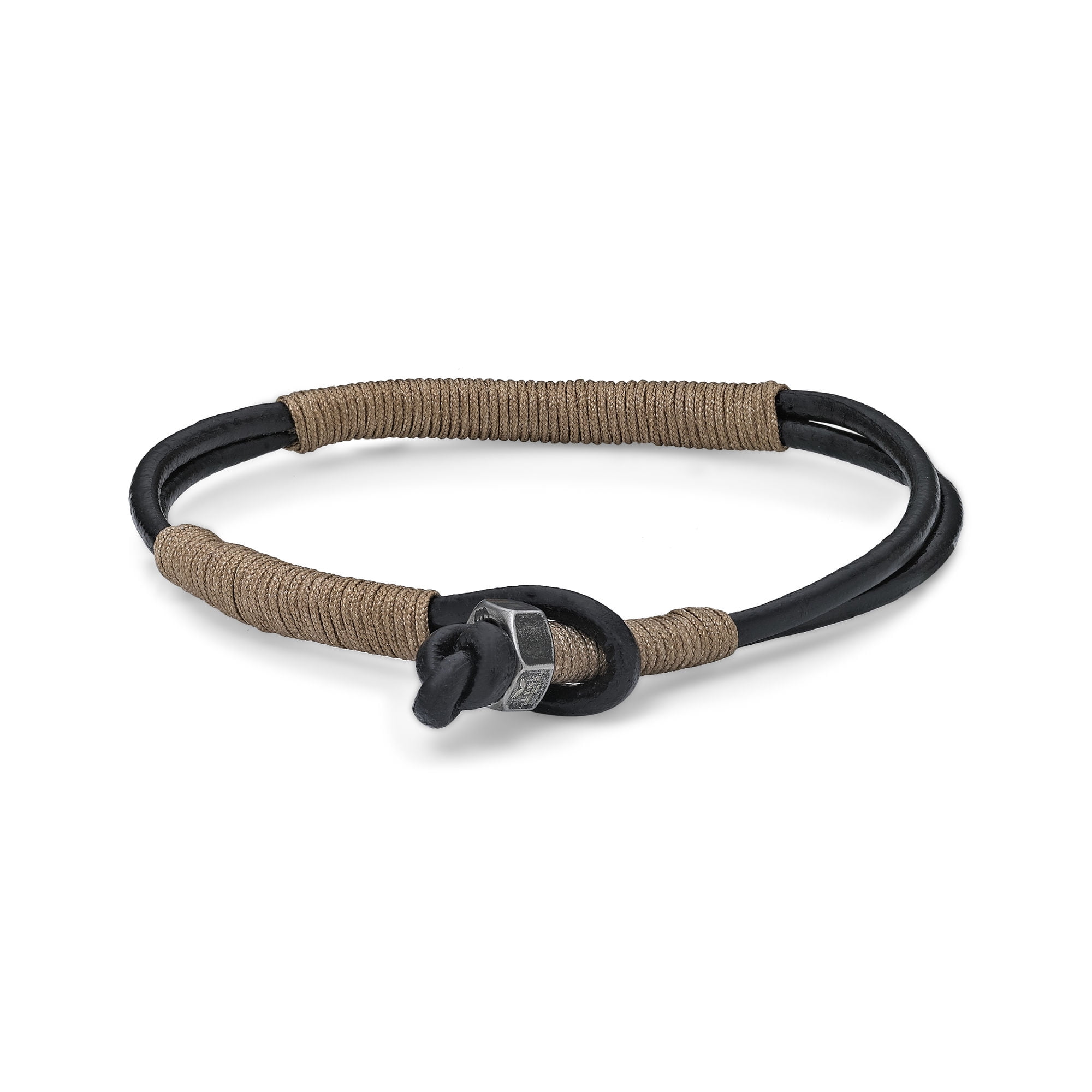 Metro Jewelry 8.5 Inches Long Beige Cord Wrapped Bracelet for Men with Thin Smooth Dual Band Genuine Leather 6 mm Wide Specialty Lock