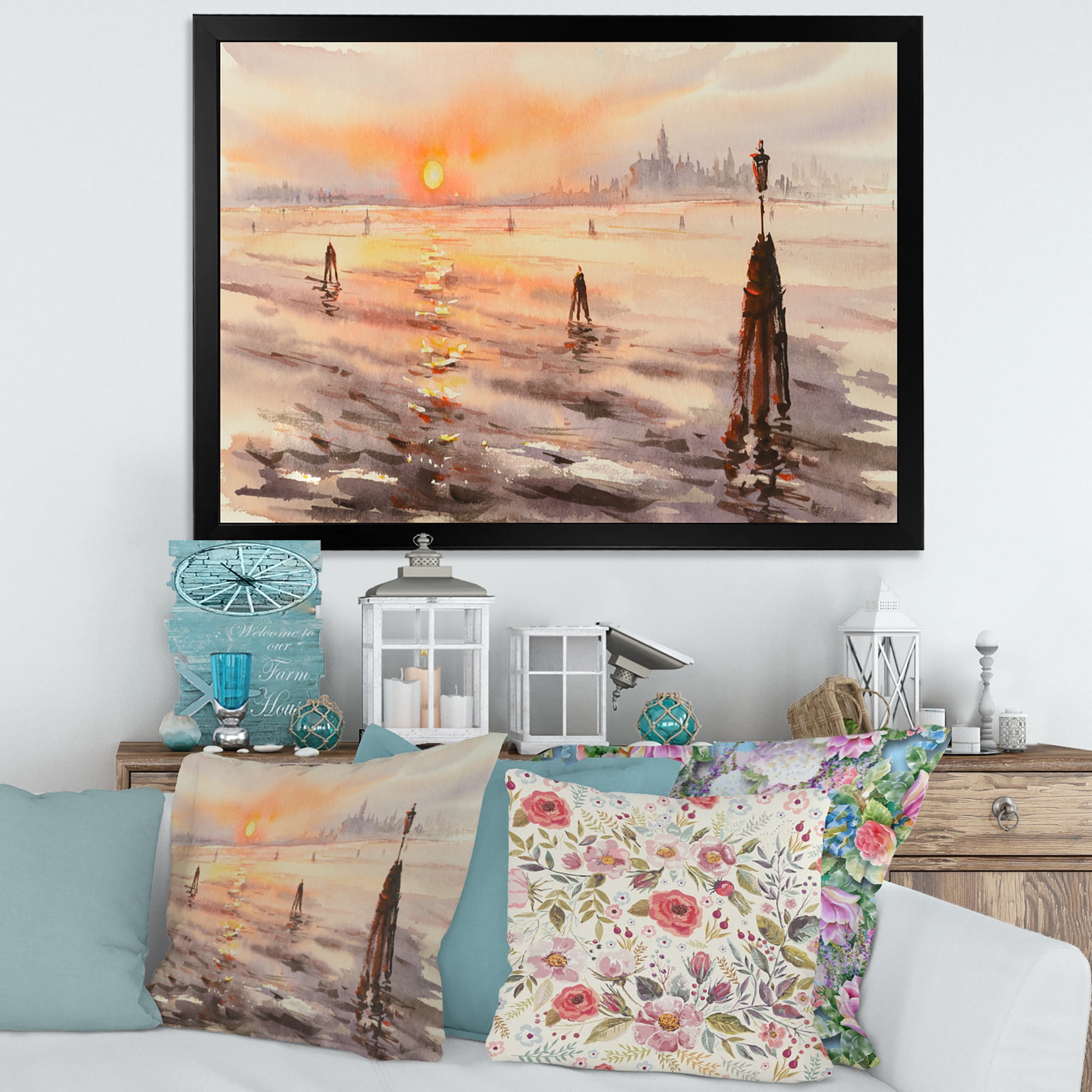 Designart 'Panorama of Venice Laguna Beach At Sunset' Nautical & Coastal Framed Art Print