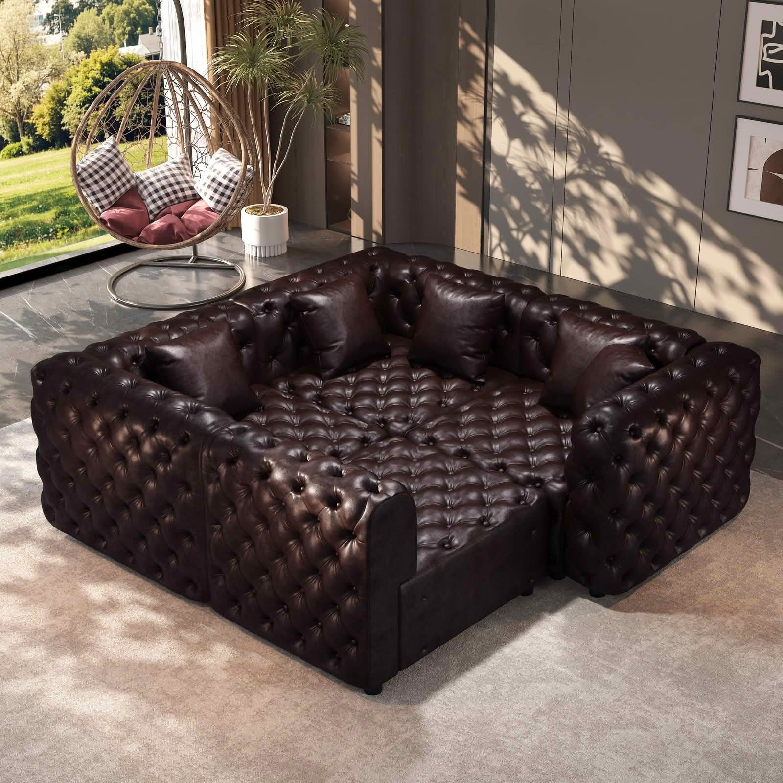 MAYEERTY 103.8" L‑Shaped 4‑Seat Faux‑Leather Modular Sofa, Handcrafted Button Tufted Couch with 4 Pillows for Living Room & Small Apartment