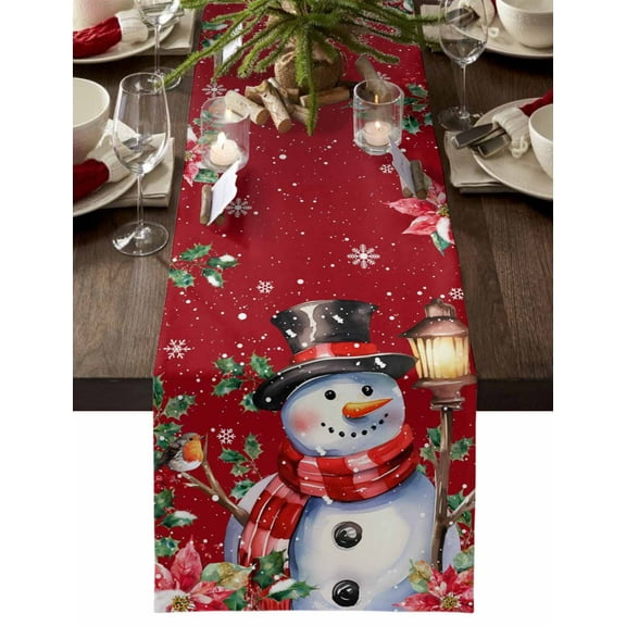 Christmas Table Runner Snowman Cardinal Bird Table Runners Poinsettia Berry Holly Snowflake Red Cotton Linen Dresser Scarf Kitchen Dining Table Decor for Christmas Holiday Party Decor 13x90 Inch