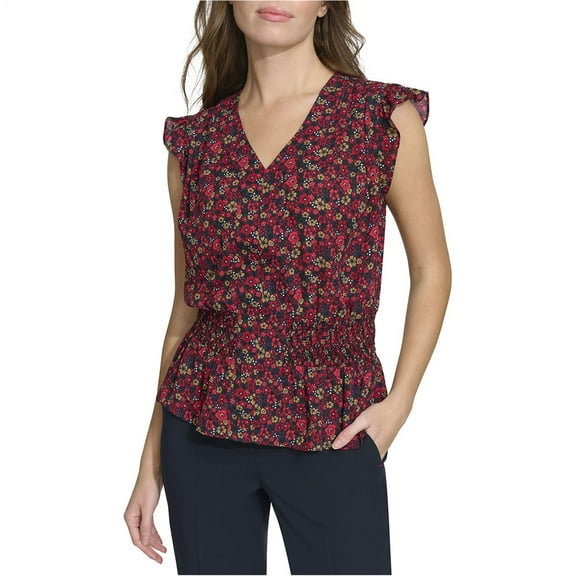 Tommy Hilfiger Womens Floral Print Peplum Blouse, Red, Large